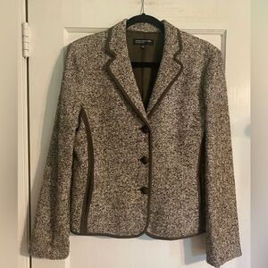 Jones New York tweed brown & white speckled blazer jacket brown trim size: 12